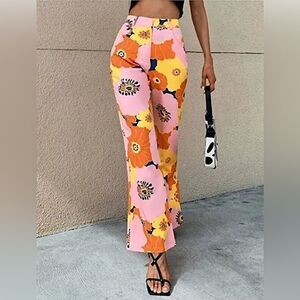 Zara Pants Floral Print Pink Wide Leg High Waist Trousers Size Medium